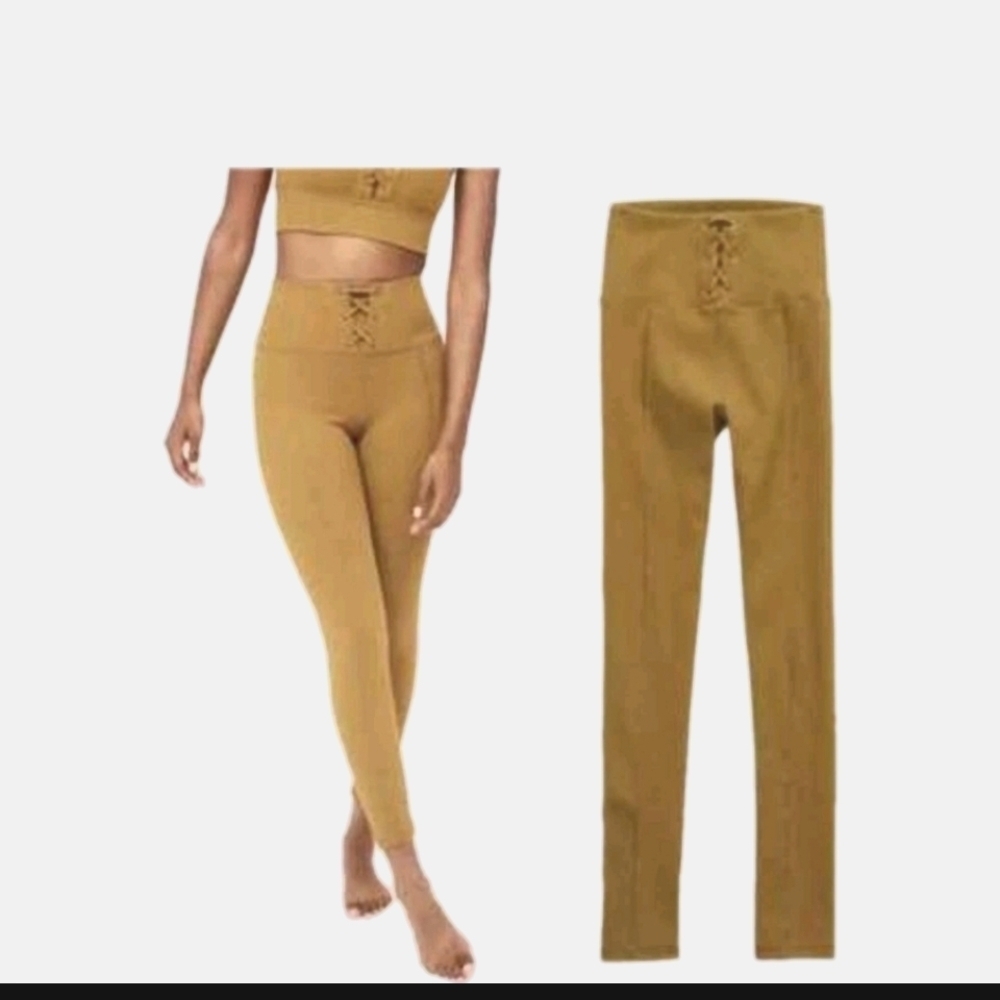 Aerie Womens Gold Lace Front Real Me 7/8 Stretch Yoga Activewear Legging M